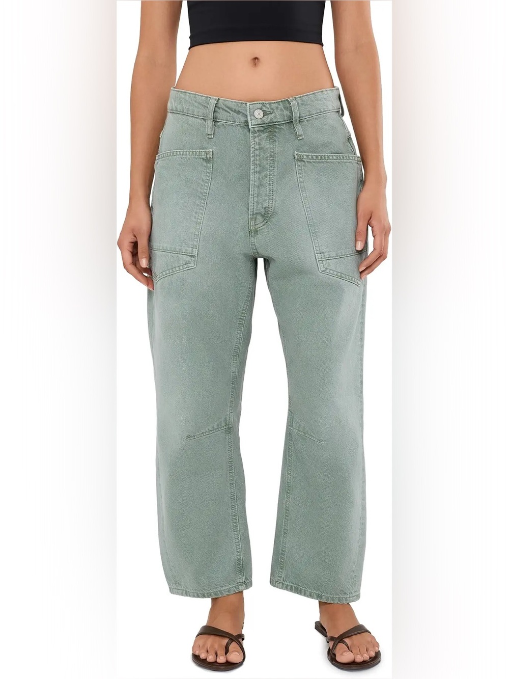 Free People We The Free Minimalist Moxie Barrel Jeans in Aloe Green NWT